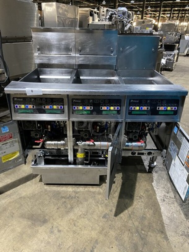 Wow! Pitco Soltice Supreme Natural Gas Powered 3 Bay Deep Fat Fryer! With Digital Control Board! With Oil Filter System! Model SS1460 Serial G13L0061464! With Night Covers! On Casters!  - Image 8 of 12