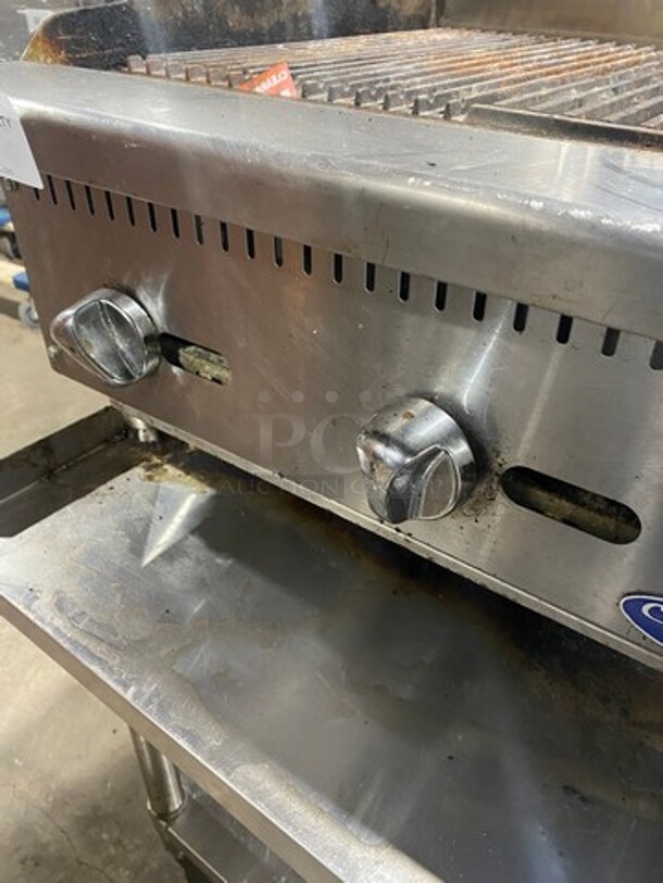 LATE MODEL! 2022 Cook Rite Commercial Countertop Natural Gas Powered Char Broiler Grill! With Back & Side Splashes! On Commercial Equipment Stand! All Stainless Steel! With Underneath Storage Space! Model ATRC24 Serial ATRC24AUS100322070800C40027! On Legs! - Image 6 of 9