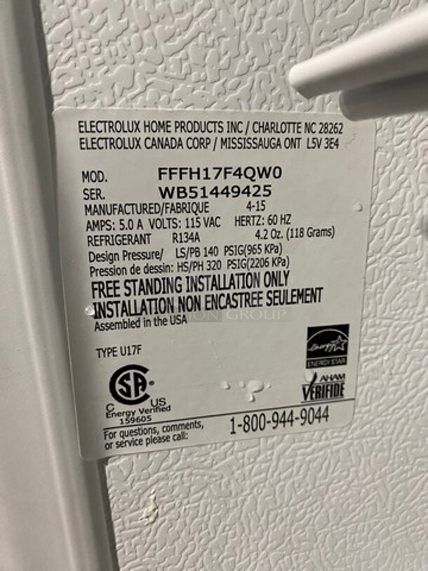 2015 Frigidaire Single Door Freezer! With Racks And Shelves! Model: FFFH17F4QW0 SN: WB51449425 115V - Image 7 of 10