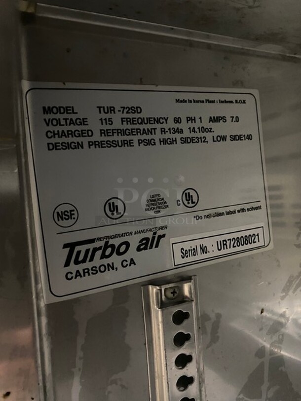 Turbo Air Commercial 3 Door Lowboy/Worktop Cooler! All Stainless Steel! On Casters! Model: TUR72SD SN: UR72808021 115V 60HZ 1 Phase - Image 7 of 8
