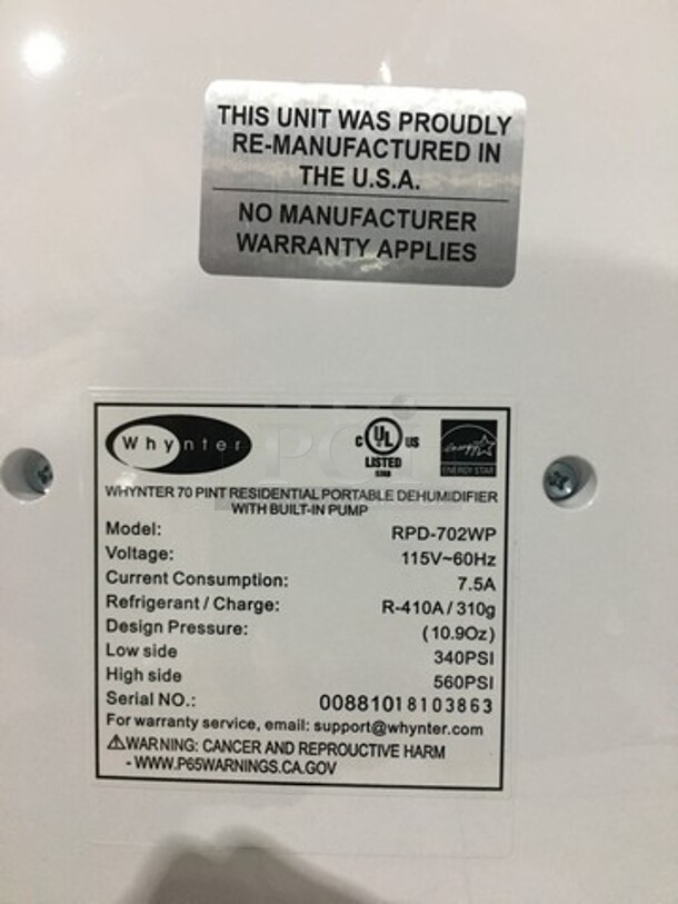 NEW! OUT OF THE BOX! SCRATCH-N-DENT! Whynter 70 Pint Portable Dehumidifier Unit! With Built In Pump! Model: RPD702WP 115V - Image 7 of 9