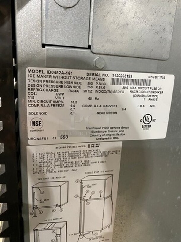 Manitowoc Commercial Ice Maker Machine! With Commercial Ice Bin! All Stainless Steel! On Legs! WORKING WHEN REMOVED! Model: ID0452A161 SN: 1120265199 115V 60HZ 1 Phase - Image 5 of 9
