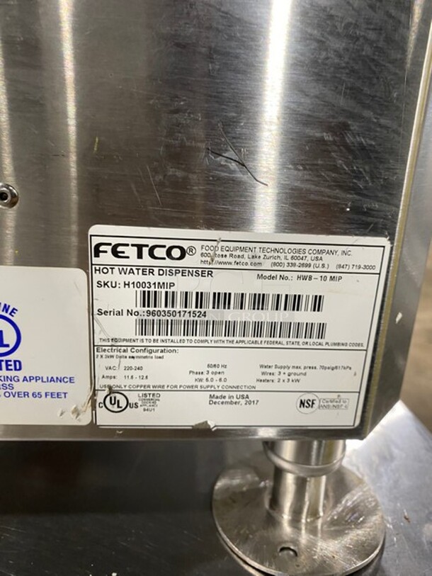 Fetco Commercial Countertop Hot Water Dispenser! All Stainless Steel! On Legs! 220-240V 3 Phase! Model: HWB-10 MIP SN: 960350171524! - Image 5 of 8