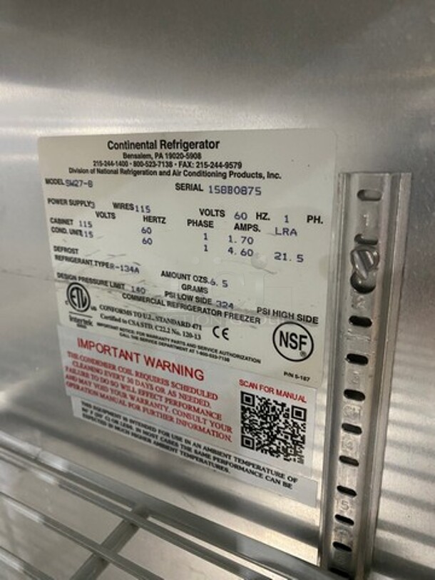 Continental Commercial Refrigerated Sandwich Prep Table! With Single Door Storage Space Underneath! All Stainless Steel! On Casters! Model: SW278 SN: 158B0875 115V 60HZ 1 Phase - Image 6 of 9