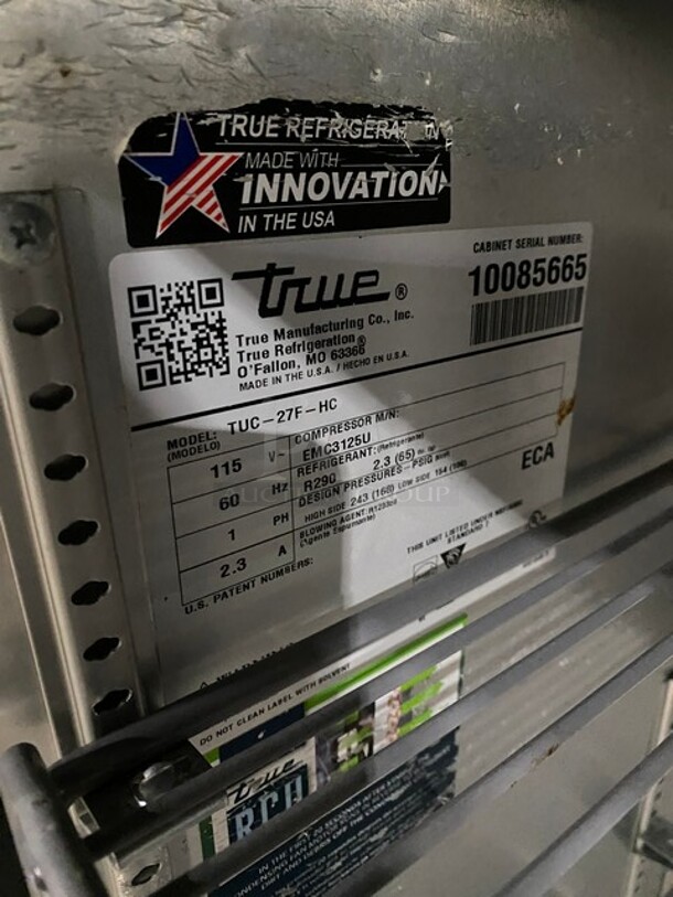 True Commercial Single Door Lowboy/Worktop Freezer! All Stainless Steel! On Casters! Model: TUC27FHC SN: 10085665! 115V 60HZ 1 Phase! - Image 6 of 7
