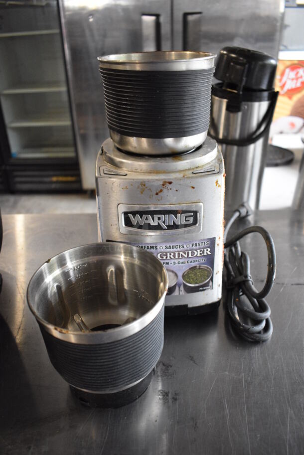 Waring Model WSG60 Metal Commercial Countertop Spice Grinder w/ Extra Cup. 120 Volts, 1 Phase. 7x7x12. Tested and Working! Works When Front Two Buttons Are Pushed Down