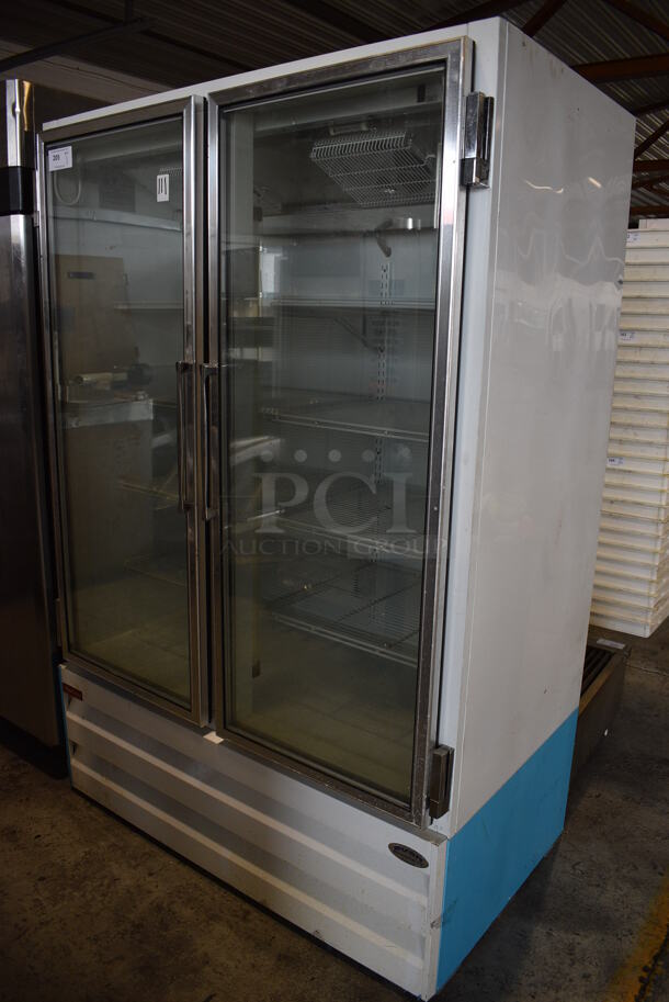 McCray Model GF48LBM Metal Commercial 2 Door Reach In Cooler Merchandiser w/ Poly Coated Racks. 115/208-230 Volts, 1 Phase. 52x32x79