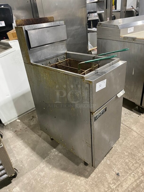 SUPER! Anets Commercial Natural Gas Powered Deep Fat Fryer! With Backsplash! With 2 Frying Baskets! All Stainless Steel! Model 14VFS Serial 40751! On Legs! WORKING WHEN REMOVED! - Image 2 of 8