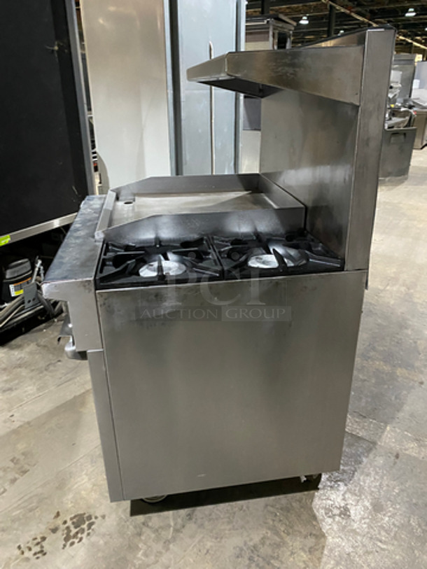 FAB! Therma Tek Commercial Natural Gas Powered Flat Top Griddle! With Right Side 2 Burners! Griddle Has Side Splashes! With Backsplash And Salamander Shelf! With Oven Underneath! Metal Oven Rack! All Stainless Steel! On Casters! - Image 2 of 11
