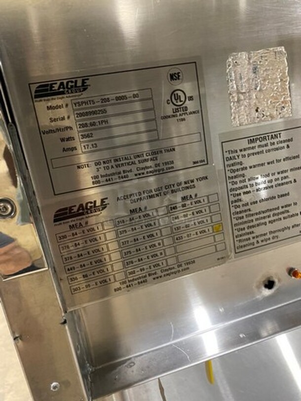 Eagle Commercial Electric Powered 5 Well Steam Table! With Storage Space Underneath! All Stainless Steel! On Casters! Model: YSPHT5 SN: 2008990255 208V 60HZ 1 Phase - Image 8 of 9