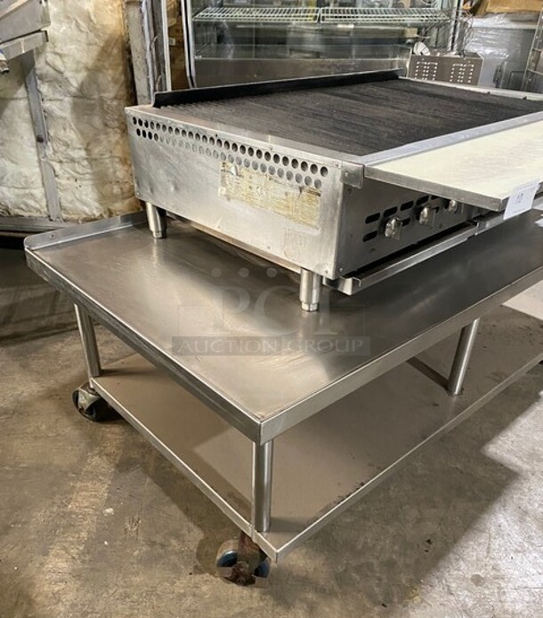 Bakers Pride Commercial Countertop Natural Gas Powered 48 Inch Char Broiler Grill! On Commercial 60 Inch Equipment Stand! With Underneath Storage Space! All Stainless Steel! On Casters! Working When Removed! Model XX8 Serial 592381707002! - Image 4 of 10