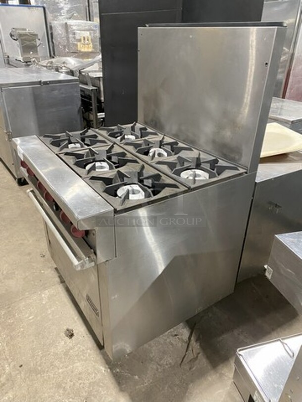 Nice! 2016 Therma Tek Natural Gas Powered 6 Burner Range! With Full Size Oven Underneath! With Raised Back Splash! Model TMD36-6-1N! On Commercial Casters! Working When Removed!  - Image 3 of 9