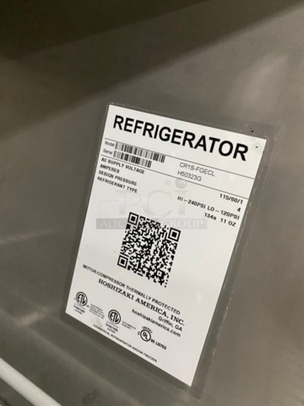 Hoshizaki Commercial Single Door Reach In Cooler! With View Through Door! Poly Coated Racks! Stainless Steel Body! On Casters! Model: CR1SFGECL SN: H50323G 115V 60HZ 1 Phase - Image 6 of 7