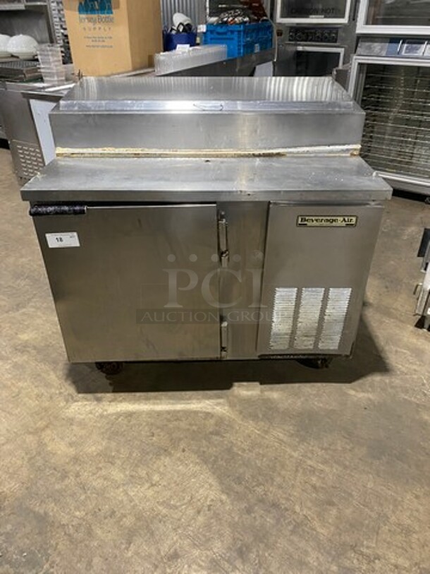 Beverage Air Commercial Refrigerated Pizza Prep Table! With Single Door Underneath Storage Space! All Stainless Steel! On Casters! Model: DP46! Working When Removed!