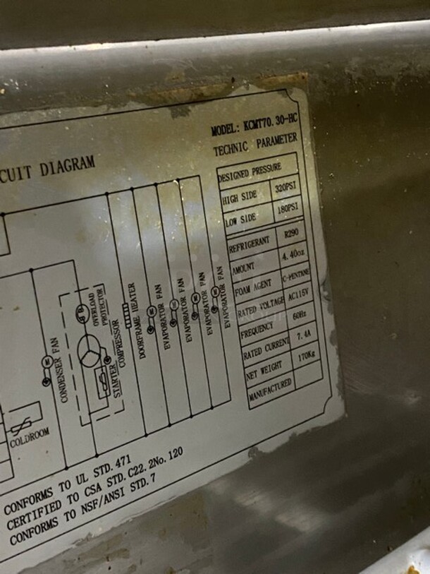 Late Model! Kelvinator Stainless Steel Commercial Mega Top Sandwich Prep Table! With 3 Doors Storage Space Underneath! On Casters! Working When Removed! MODEL KCMT70.30HC 115V - Image 9 of 10