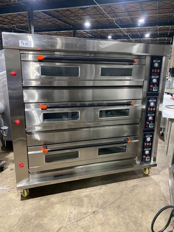 NEW! NEVER USED! OUT OF THE BOX! Astar Commercial Gas Powered Triple Deck Baking Oven! All Stainless Steel! On Casters! Model: HGB90Q - Image 1 of 12