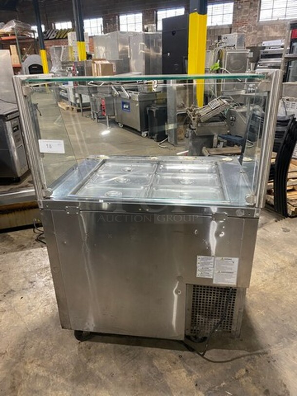 Turbo Air Commercial Refrigerated Food Serving Station Counter/Cold Pan! With Sneeze Guard! With Single Door Underneath Storage Space! All Stainless Steel Body! On Casters! WORKING WHEN REMOVED! Model: JBT36N SN: H2JB3T0D8612 115V
