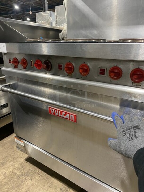 Nice! Vulcan Commercial 6 Burner Stove! With Raised Back Splash And Salamander Shelf! With Oven Underneath! Metal Oven Racks! All Stainless Steel! Model E36 Serial 485! 208/240V 1 Phase! Working When Removed! On Legs! - Image 6 of 11