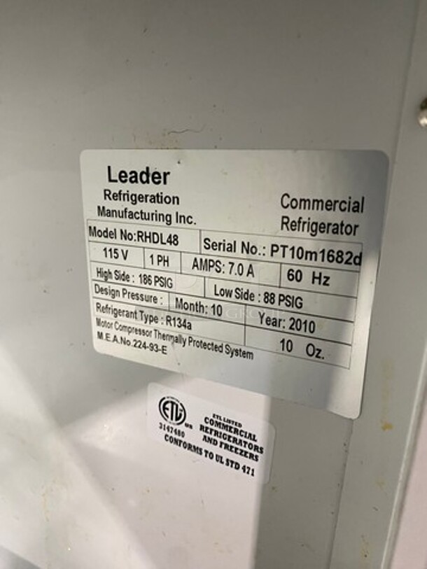 2010 Leader Commercial Refrigerated Bakery Display Case Merchandiser! With Curved Front Glass! With Rear Access Doors! Stainless Steel Body! Model: RHDL48 SN: PT10M1682D 115V 60HZ 1 Phase - Image 7 of 9