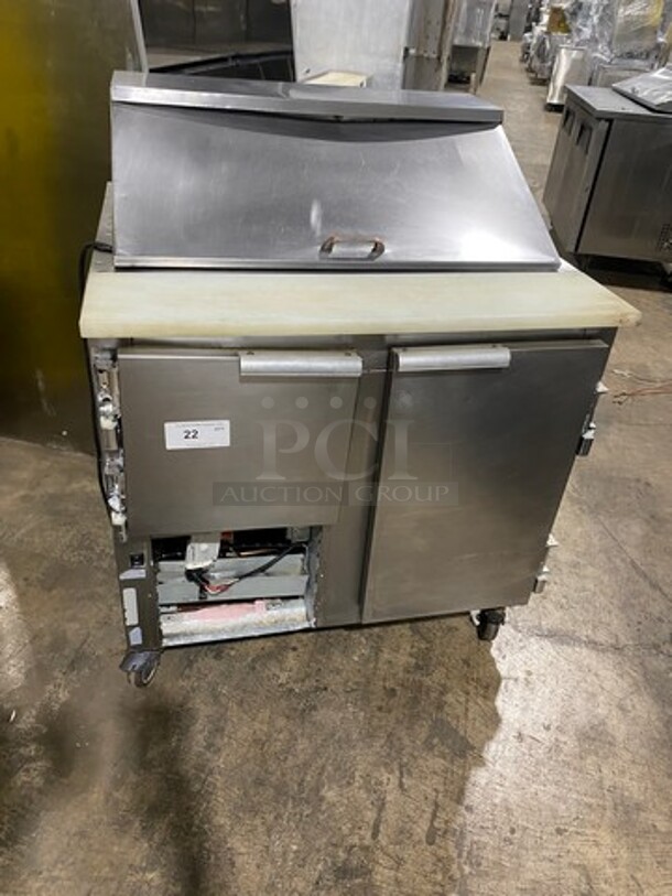 Leader Commercial Refrigerated Sandwich Prep Table! With Commercial Cutting Board! With 2 Door Underneath Storage Space! All Stainless Steel! On Casters!