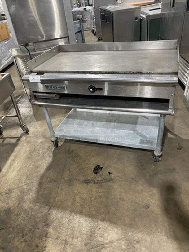Nice! American Range Natural Gas Powered 48 Inch Flat Griddle! On Stainless Steel Equipment Stand! On Casters!  - Image 1 of 9