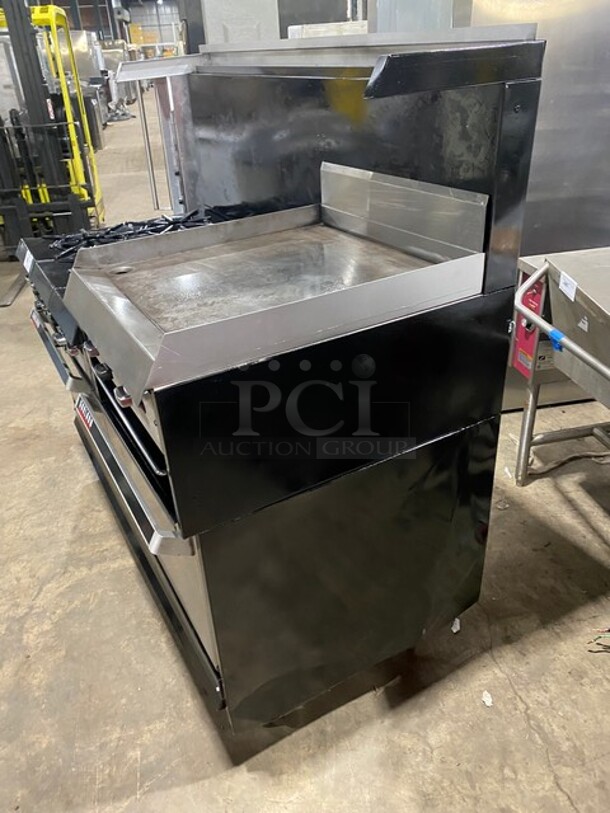 BEAUTIFUL! GARLAND All Stainless Steel Natural Gas Powered 6 Burner Range W/ Raised Right Side Flat Top W/ Cheese Melter! With 2 Ovens W/ Metal Racks! With Raised Over Back Splash & Slamander Shelf! On Legs! - Image 2 of 9