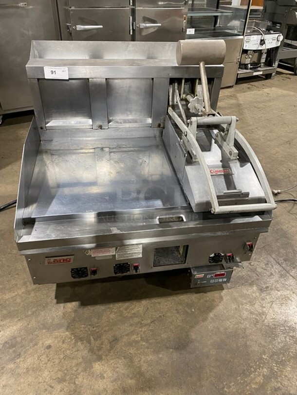 WOW! Lang Commercial Countertop Natural Gas Powered Flat Top Griddle With Clamshell Flat Hood Press! With Thermostatic Controls! Built In Hood! With Back And Side Splashes! All Stainless Steel! Working When Removed! Model: 236SCHENSH