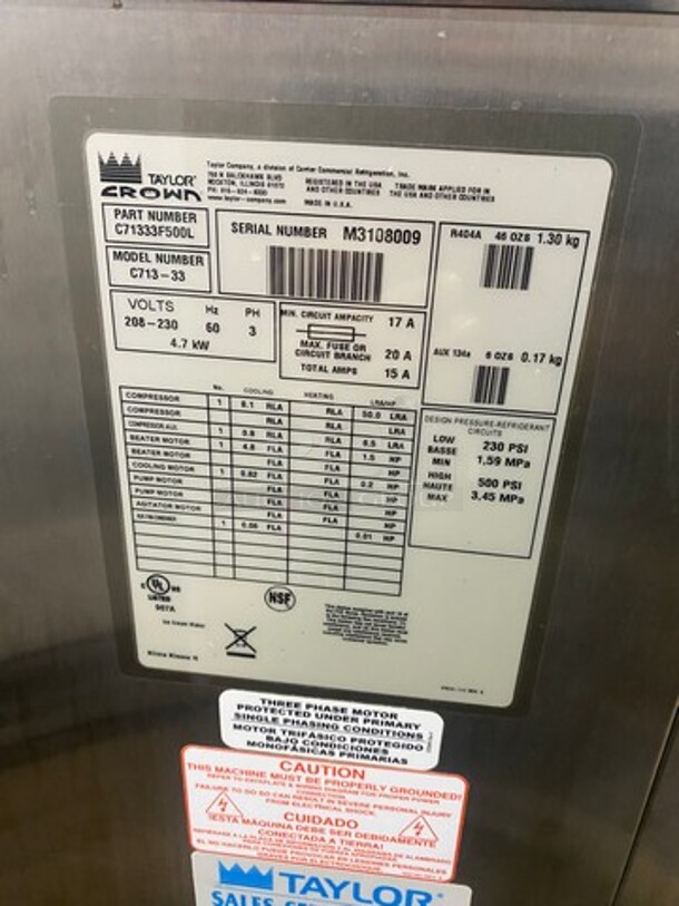 WOW!  LATE MODEL 2013! Taylor Crown AIR COOLED Commercial 3 Handle Soft Serve Ice Cream Machine! All Stainless Steel! On Casters! Model: C713-33 SN: M3108009 208/230V 60HZ 3 Phase - Image 7 of 11