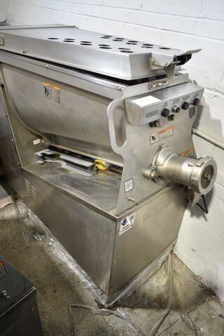 Hobart MG2032 Metal Commercial Floor Style Electric Powered Meat Mixer Grinder w/ Foot Pedal on Commercial Casters. 208 Volts, 3 Phase. Tested and Working!