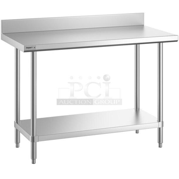BRAND NEW IN BOX! Regency 600TSSB2448S Stainless Steel 14 Gauge Worktable w/ Back Splash and Under Shelf. - Image 1 of 8