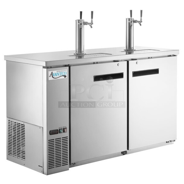 BRAND NEW SCRATCH AND DENT! 2023 Avantco UDD-60-HC-S  Stainless Steel Commercial (2) Double Tap Kegerator Beer Dispenser (2) 1/2 Keg Capacity. 115 Volts, 1 Phase. Tested and Working!