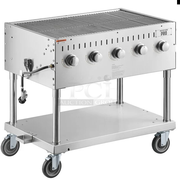 BRAND NEW SCRATCH AND DENT! 2022 Backyard Pro 554LPG36 Stainless Steel Commercial Floor Style Propane Gas Powered Outdoor Grill w/ Flat Top Griddle Attachment and Under Shelf on Commercial Casters. 