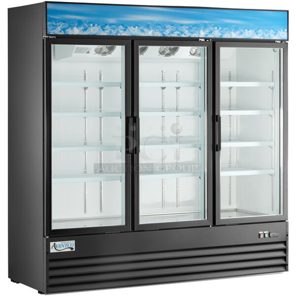 BRAND NEW SCRATCH AND DENT! 2023 Avantco 178GDC69HCB Metal Black 3 Door Reach In Cooler Swing Glass Door Merchandiser Refrigerator with LED Lighting and Poly Coated Racks. 115 Volts, 1 Phase.  Tested and Working!