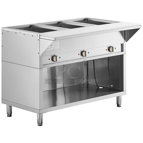 BRAND NEW SCRATCH AND DENT! 2023 ServIt 423EST3WSPB Stainless Steel Commercial Floor Style Electric Powered 3 Pan Sealed Well Electric Powered Partially Enclosed Base Steam Table. 120 Volts, 1 Phase. Tested and Working!