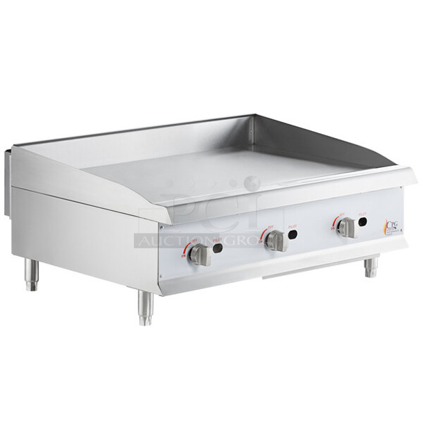BRAND NEW SCRATCH AND DENT! 2023 Cooking Performance Group CPG 351GMCPG36NL Stainless Steel Commercial Countertop Natural Gas Powered Flat Top Griddle w/ Thermostatic Controls. 90,000 BTU. 