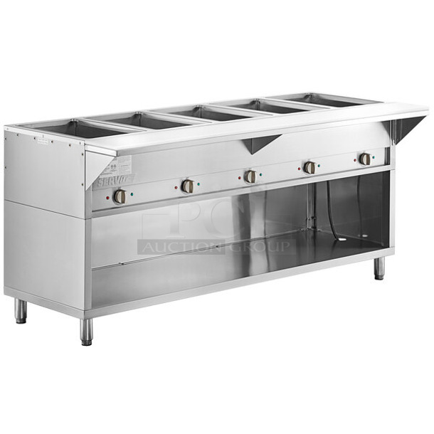 BRAND NEW SCRATCH AND DENT! 2023 ServIt 423EST5WSPB Stainless Steel Commercial Five Pan Sealed Well Electric Steam Table with Partially Enclosed Base . 208/240 Volts.