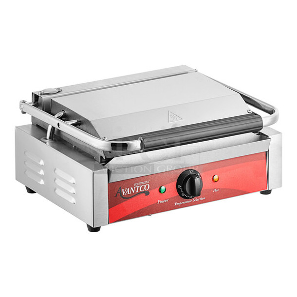 BRAND NEW SCRATCH AND DENT! 2023 Avantco 177P78 Stainless Steel Commercial Panini Sandwich Grill with Grooved Plates - 13" x 8 3/4" Cooking Surface. 120 Volts, 1 Phase. Tested and Working! - Image 1 of 5