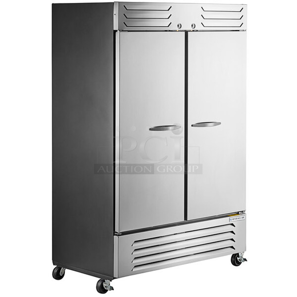 BRAND NEW SCRATCH AND DENT! Beverage Air SF2HC-1S Stainless Steel Commercial 2 Door Reach In Freezer w/ Poly Coated Racks and Commercial Casters. 115 Volts, 1 Phase. Cannot Test Due To Missing Power Cord 
