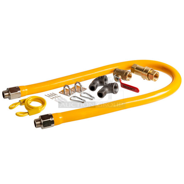 4 BRAND NEW SCRATCH AND DENT! Regency 600GKM3448 48" Mobile Gas Connector Hose Kit with 2 Elbows, Full Port Valve, Restraining Device, and Quick Disconnect - 3/4". 4 Times Your Bid! - Image 1 of 5