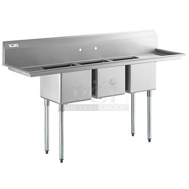 BRAND NEW SCRATCH AND DENT! Regency 600S31515215 79" 16-Gauge Stainless Steel Three Compartment Commercial Sink with Galvanized Steel Legs and 2 Drainboards - 15" x 15" x 12" Bowls. No Legs.  - Image 1 of 5