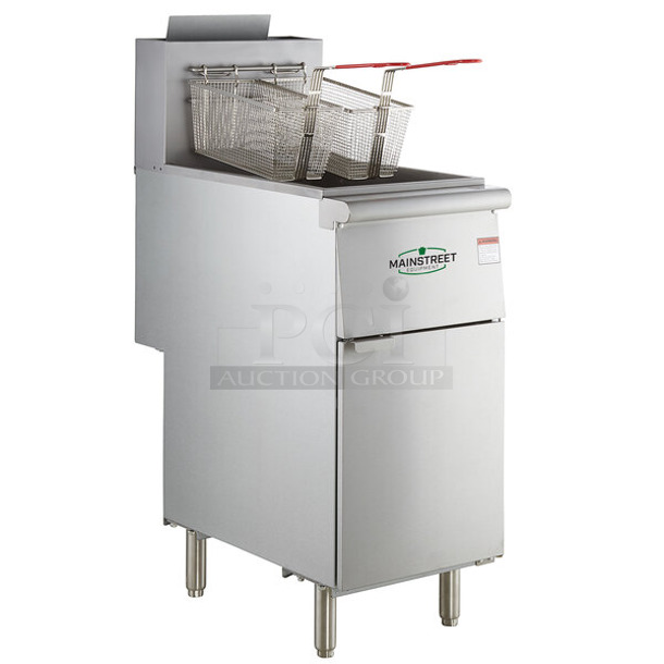 2023 Mainstreet 541FF40N Stainless Steel Commercial Floor Style Natural Gas Powered Deep Fat Fryer w/ 2 Metal Fry Baskets. 90,000 BTU.  - Image 1 of 6