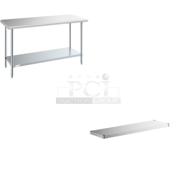 3 BRAND NEW SCRATCH AND DENT! Items; Steelton 522ETSG2460 24" x 60" 18 Gauge 430 Stainless Steel Work Table with Undershelf, 2 Regency 460SS1448 Spec Line 14" x 48" NSF Stainless Steel Solid Shelf. 3 Times Your Bid! May Be Missing Pieces.  - Image 1 of 5