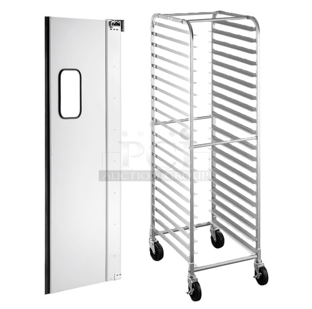 3 BRAND NEW SCRATCH AND DENT! Items; Regency 600TD3684 Single Aluminum Swinging Traffic Door with 9" x 14" Window - 36" x 84" Door Opening, Steelton 109RACKECON 20 Pan End Load Bun / Sheet Pan Rack - Unassembled, Metal Under Shelf. 3 Times Your Bid! May Be Missing Pieces.  - Image 1 of 5