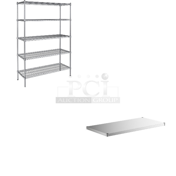 2 BRAND NEW SCRATCH AND DENT! Items; Steelton 465C1848KE5 18" x 48" NSF Chrome 5-Shelf Kit with 72" Posts and Regency 460SS2448 Spec Line 24" x 48" NSF Stainless Steel Solid Shelf. 2 Times Your Bid! May Be Missing Pieces.  - Image 1 of 4