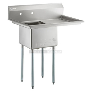 BRAND NEW SCRATCH AND DENT! Steelton 522CS11818R 38 3/4" 18-Gauge Stainless Steel One Compartment Commercial Sink with Right Drainboard - 18" x 18" x 12" Bowl. Missing 1 Leg. 