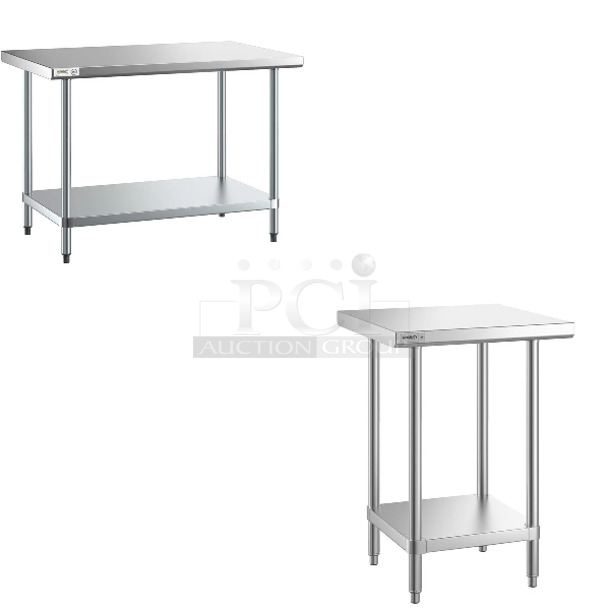 2 BRAND NEW SCRATCH AND DENT! Items Including Regency 600T3048G 30" x 48" 18-Gauge 304 Stainless Steel Commercial Work Table with Galvanized Legs and Undershelf and Regency 600TSS2424S Spec Line 24" x 24" 14 Gauge Stainless Steel Commercial Work Table with Undershelf. 2 Times Your Bid! May Be Missing Pieces.  - Image 1 of 4