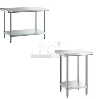 2 BRAND NEW SCRATCH AND DENT! Items Including Regency 600T3048G 30" x 48" 18-Gauge 304 Stainless Steel Commercial Work Table with Galvanized Legs and Undershelf and Regency 600TSS2424S Spec Line 24" x 24" 14 Gauge Stainless Steel Commercial Work Table with Undershelf. 2 Times Your Bid! May Be Missing Pieces. 