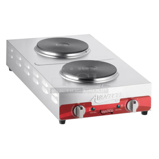 BRAND NEW SCRATCH AND DENT! Avantco 177EB202F2BM Stainless Steel Double Burner Solid Top Stainless Steel Portable Electric Front-to-Back Hot Plate. 240 Volts, 1 Phase.  - Image 1 of 6