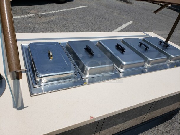 5 Well Mobile Food Cart w/ Enclosed Base, Sneeze Guard, and 2 Dish Dispensers! On Casters! Drain pipes need to be replaced. - Image 2 of 11
