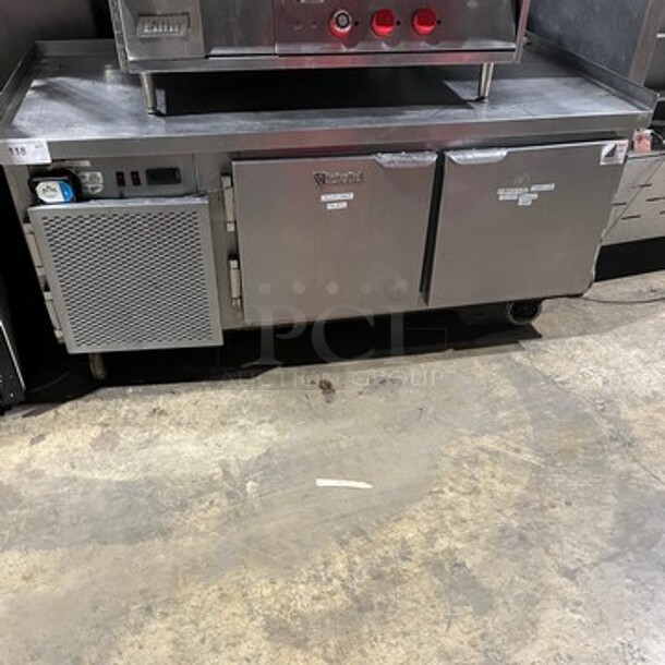 Custom Cool Commercial Refrigerated Work/Prep Table/ Grill Stand! With Back And Side Splash! With Refrigerated 2 Door Underneath Storage! All Stainless Steel! On Casters!